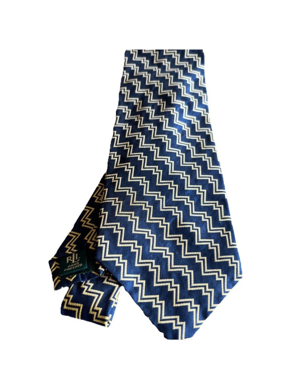 Lauren RALPH LAUREN Men’s Silk Tie  Navy Blue/Gold Uneven Stripe Design Made USA
